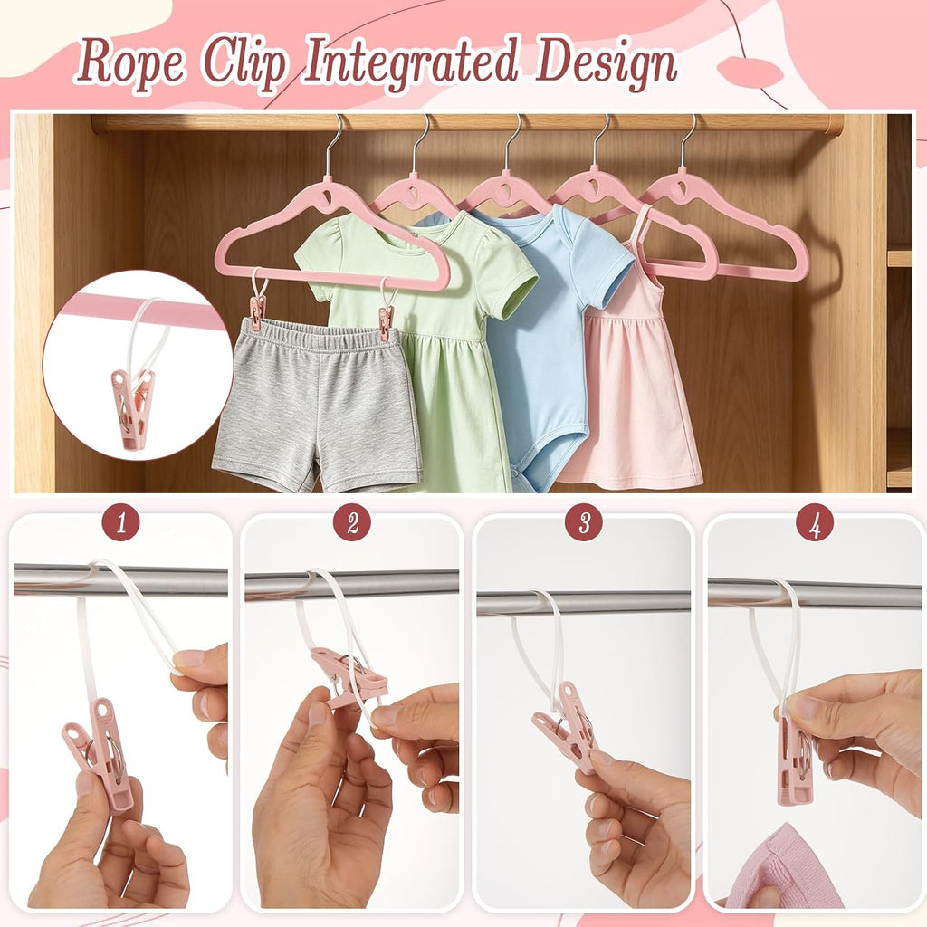 Velvet Clothes Hangers 50 Pack, 11.8" Non-Slip Flocked Garment Hangers with 30 Hanging Clips, Space Saving Small Size Clothing Hangers for Closet, Dresses, Tops, Pants,(Pink)