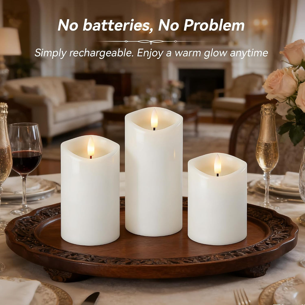 White Real Wax LED Rechargeable Flameless Battery Operated Pillar Candles