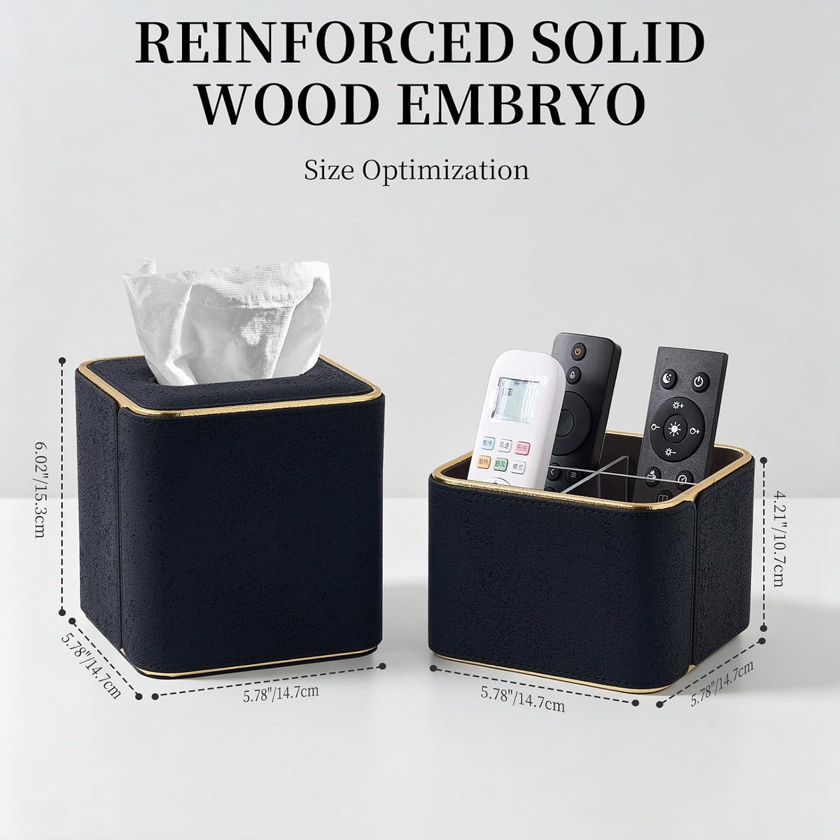 360° Rotating TV Remote Control Holder & Desk Organizer, Travertine-Look PU Leather, 0.421kg Wood Core, Removable Acrylic Divider (Black)
