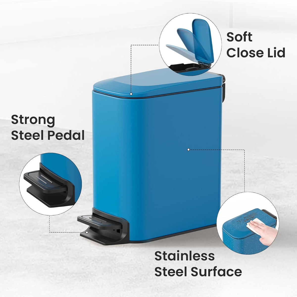 Cesun Small Bathroom Trash Can with Lid, 1.6 Gal, Soft Close, Blue