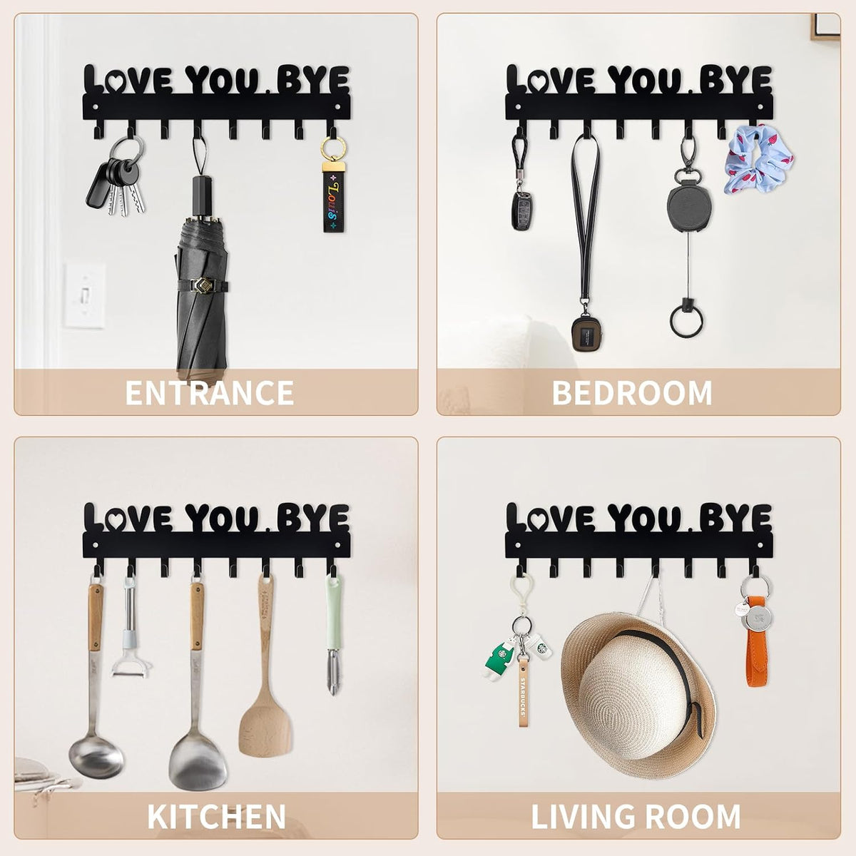 Key Holder for Wall, Key Hooks with 8 Hooks, Key Holder Wall Mount Self Adhesive, Key Rack for Wall No Drill for Entryway, Front Door, Hallway, Living Room (Black-Love You Bye)