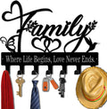 Key Holder Wall Mount, Family Where Life Begins, Love Never Ends Sign, Key Holder Wall for Wall Decorative with 6 Hooks, Organizer Rack Hanger for Entryway, Front Door, Hallway, Office 9.8 inches