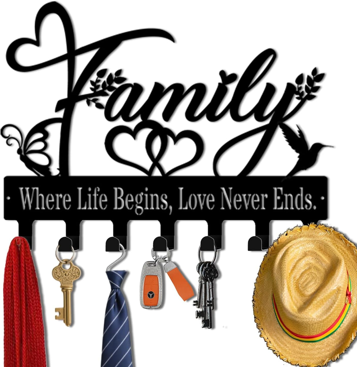 Key Holder Wall Mount, Family Where Life Begins, Love Never Ends Sign, Key Holder Wall for Wall Decorative with 6 Hooks, Organizer Rack Hanger for Entryway, Front Door, Hallway, Office 9.8 inches