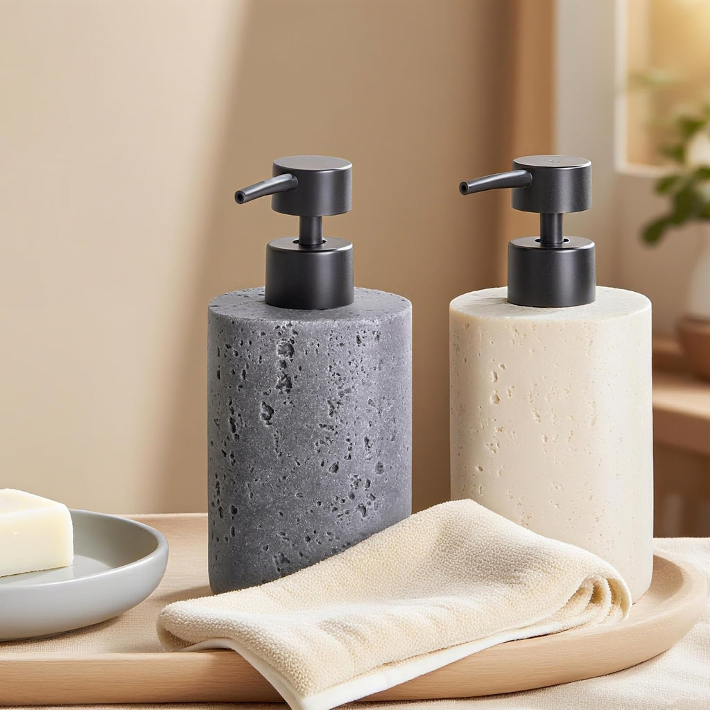 Clasin Home 2 Pack Gray Resin Soap Dispensers, Refillable Liquid Lotion Dispenser Bottles with Travertine-Look for Bathroom and Kitchen Countertop, Modern Stone Texture (10.8 oz), Spare Pump Included