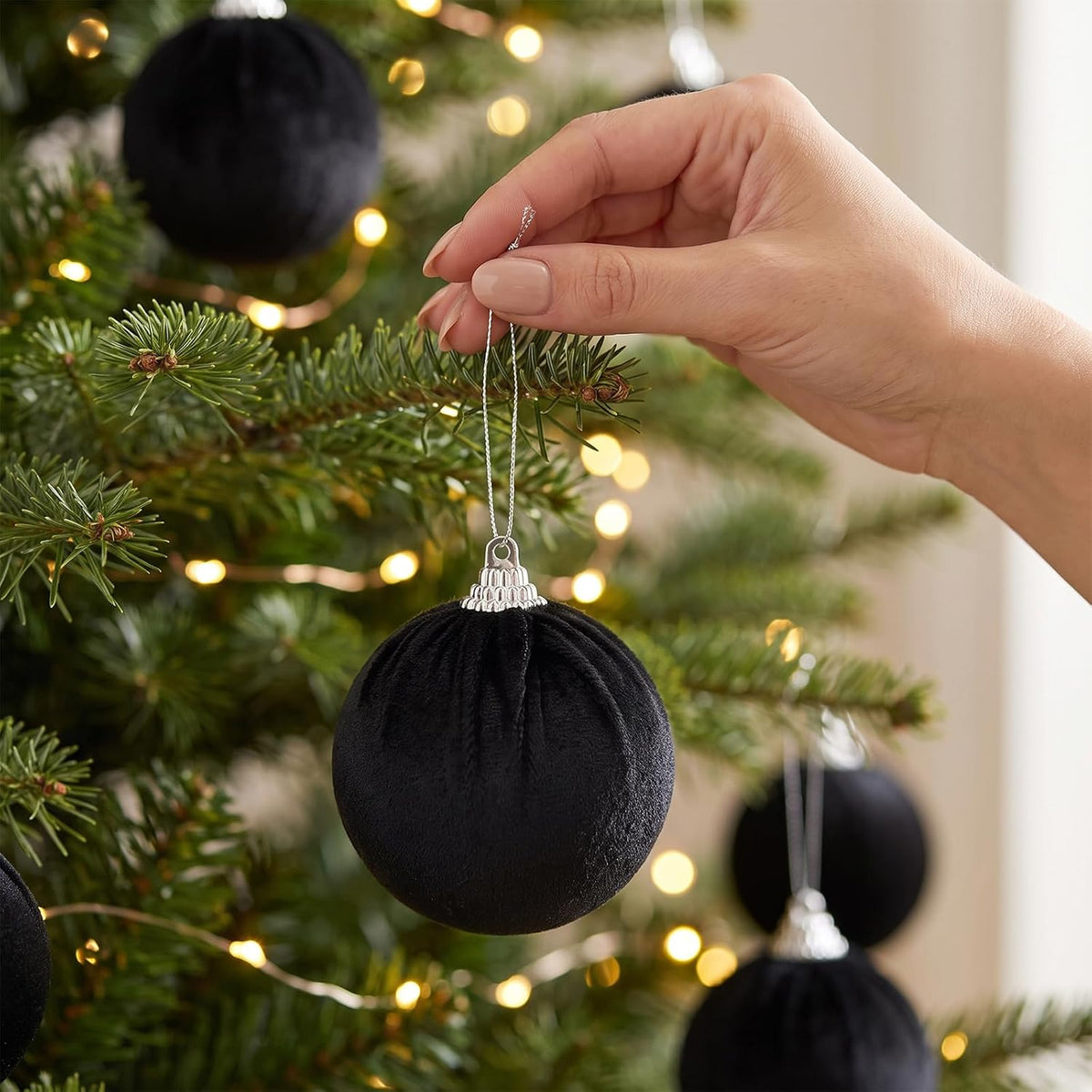 Woration 9 Pcs Black Velvet Christmas Balls 2.36" Xmas Tree Hanging Ball