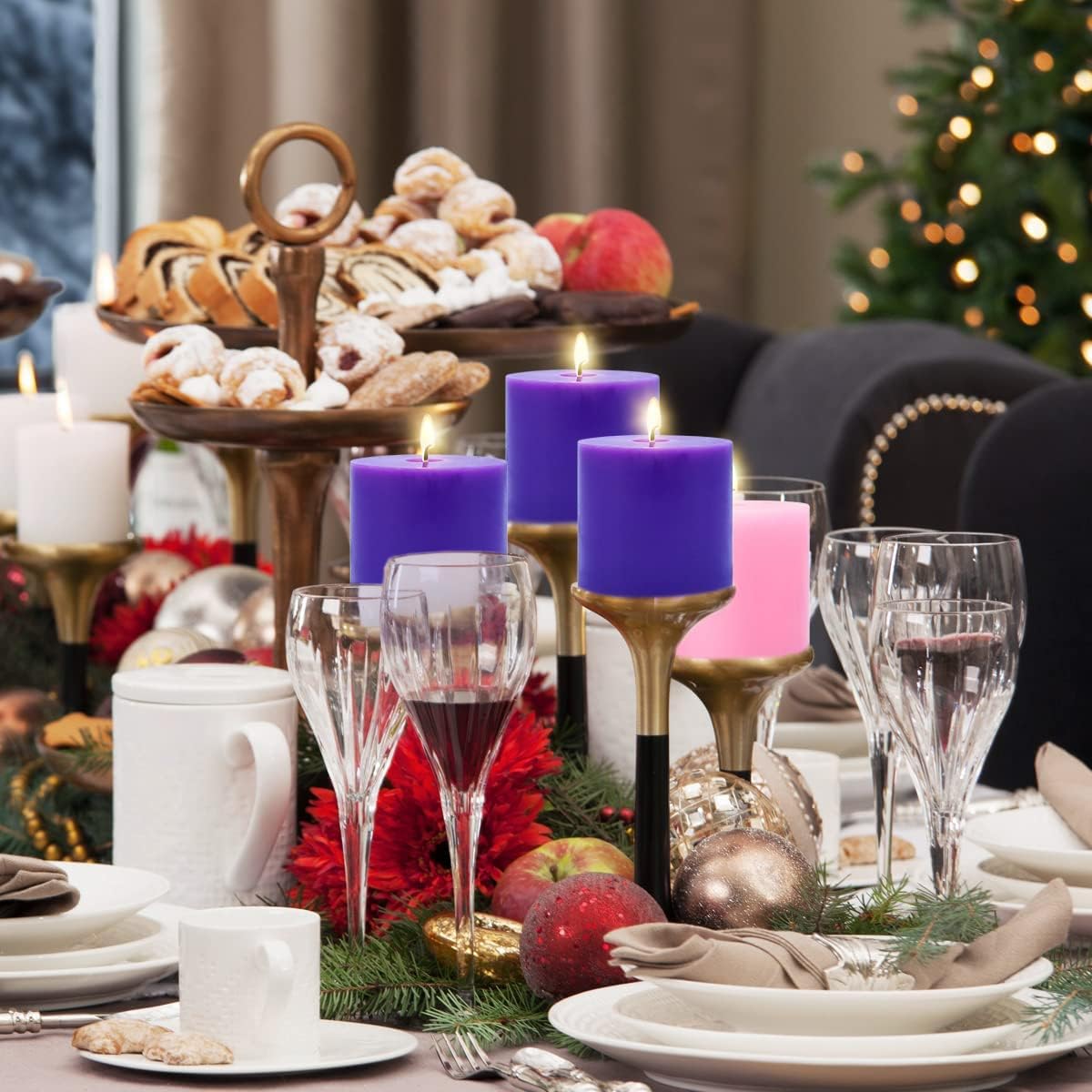 Set of 4 3x4 Inch Christmas Advent Pillar Candles, Unscented 3pcs Purple and 1pc Pink Solid Colored Candles for Christmas - 45 Hours Burn