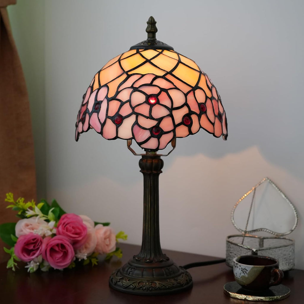 Tiffany Lamp Stained Glass Table Lamp Cherry Blossom Pink Small Bedside Lamp Living Room Dining Room Office Decoration Desk Lamp Home Decoration Creative Gift