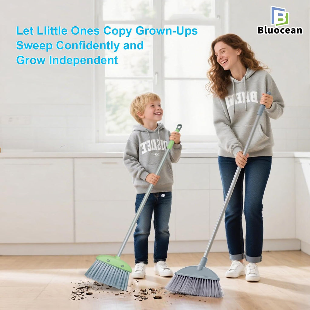 28'' Kids Mini Broom and Dustpan Set-Toddler Cleaning Toy, Toddler Household Helper, Parent-Child Interactive Play Cleaning Tool, Cute Cartoon Design, Small Safe Corner Broom (Green)