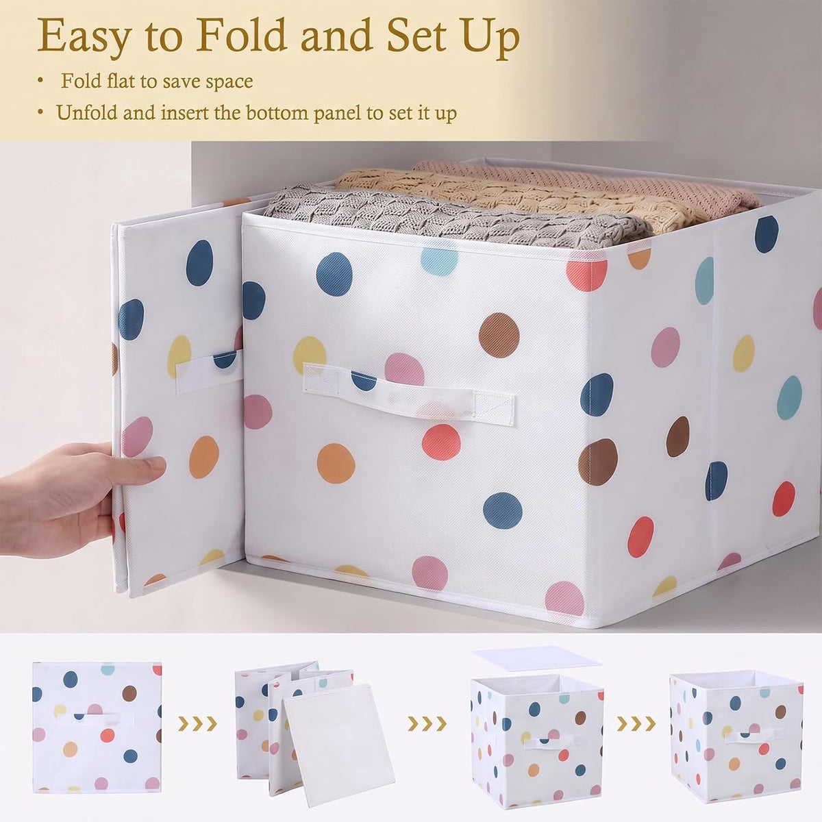 6 Pcs 11 Inch Boho Dots Cube Storage Bins Collapsible Storage Organizer with Handles Fabric Container Baskets for Closet Clothes Toys Book Room Home Organization