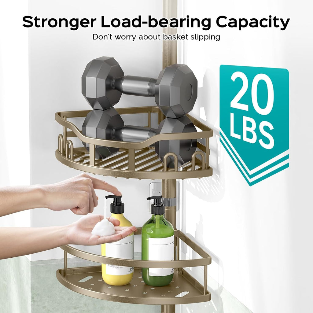 HAMITOR Shower Caddy Corner Tension Pole Adjustable No-Drill Bathroom Shelf