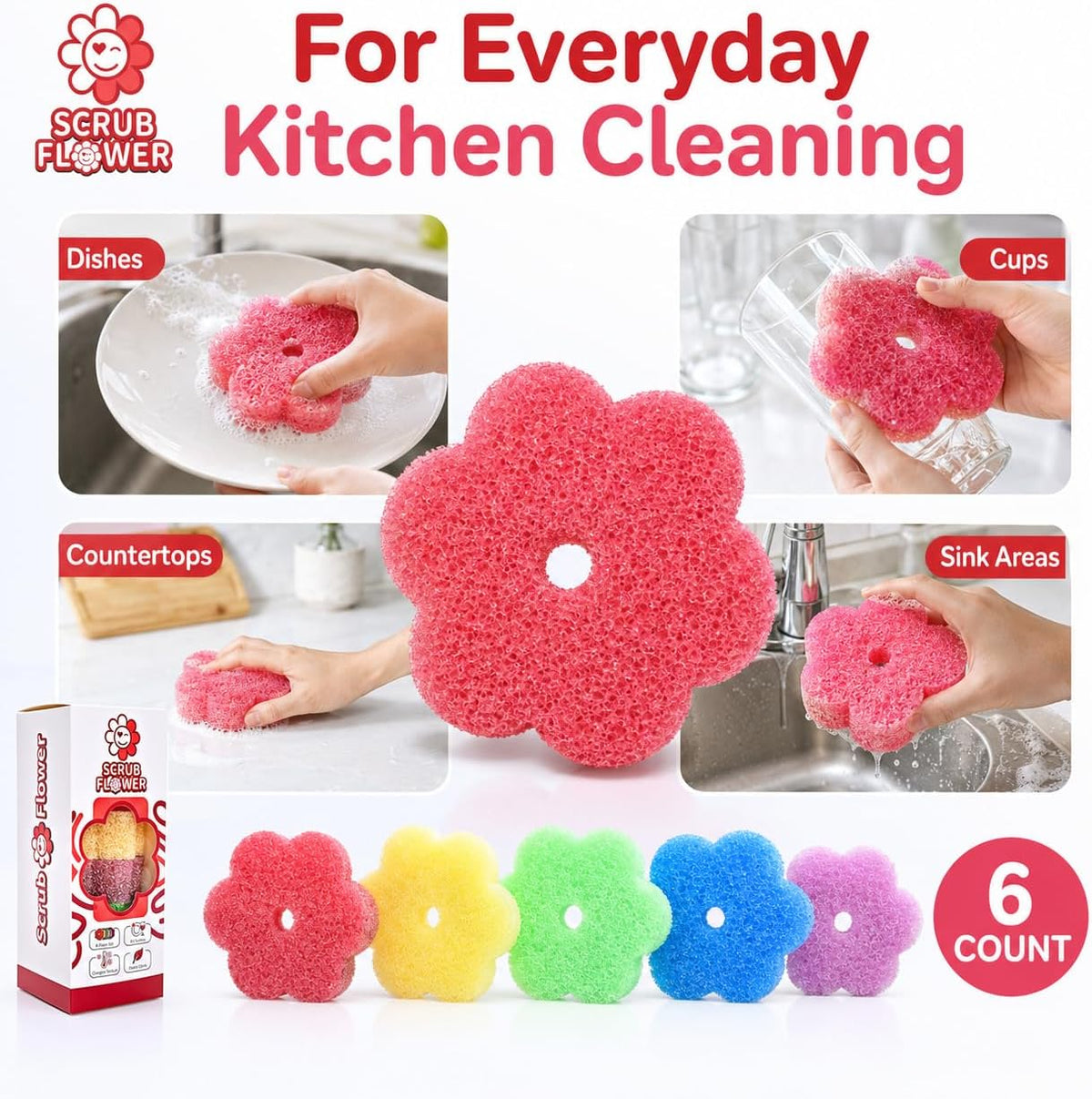 Scrub Flower Temperature-Sensitive Non-Scratch Dish Sponges, 6 Count