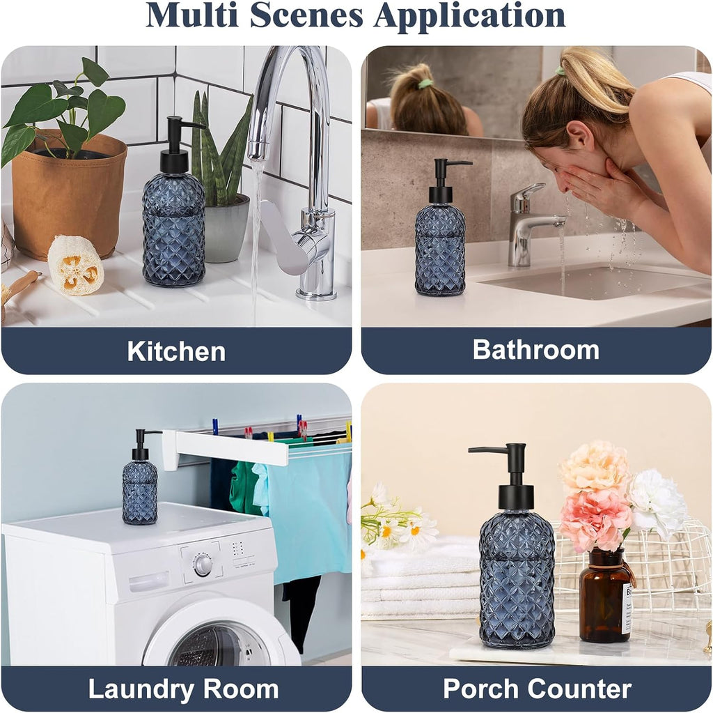 13.5oz Glass Soap Dispenser with Plastic Pump, Diamond Design Refillable Hand Soap Dispenser for Hand Wash, Bathroom and Kitchen (Blue Grey)