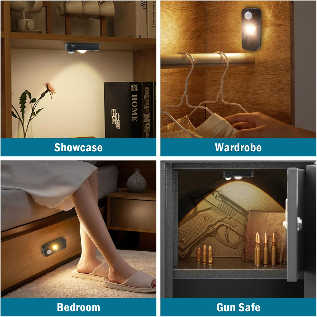 Black Motion Sensor Night Light, Wireless Rechargeable Puck Lights for Cabinet, Dimmable Stick on LED Closet Lights, Warm White Motion Sensor Light Indoor(4 Pack)
