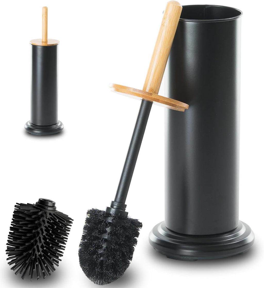 Toilet Bowl Brush and Holder, Toilet Brush with Bamboo Handle and Covered Holder, Dual Brush Options, Weighted Metal Base (Black)