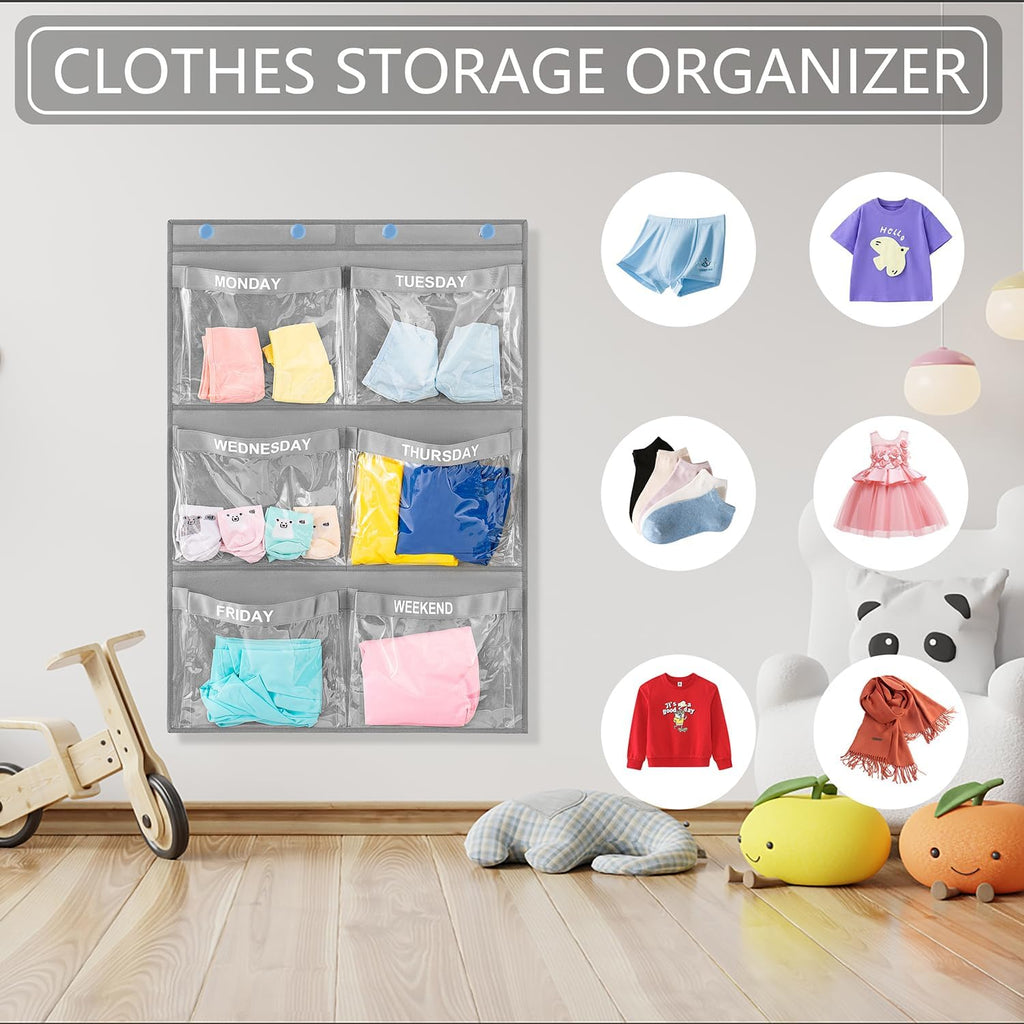 Weekly Clothes Organizer Day of Week School Clothing Storage Hanging Closet Organization for Kids Monday to Weekend (GREY)