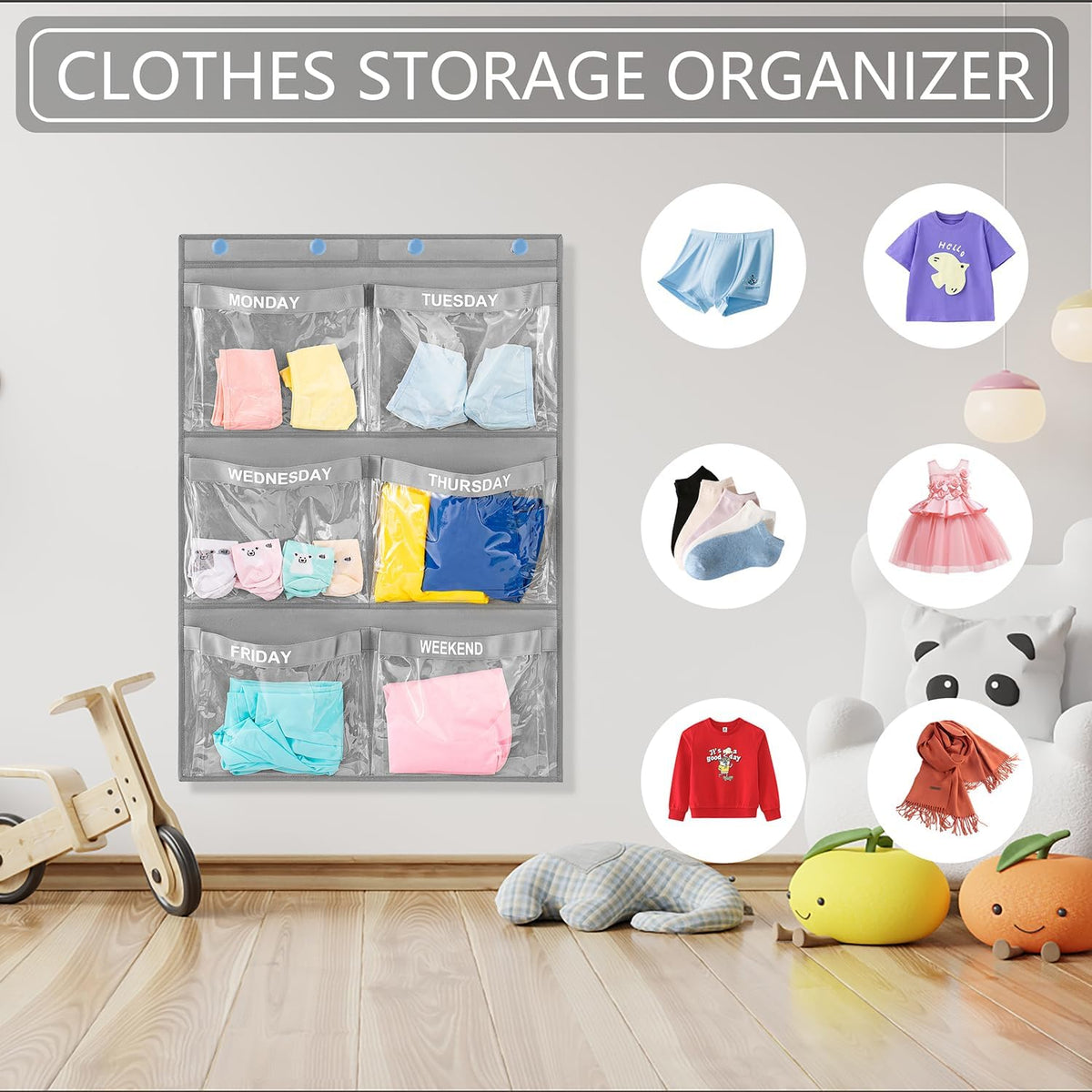 Weekly Clothes Organizer Day of Week School Clothing Storage Hanging Closet Organization for Kids Monday to Weekend (GREY)