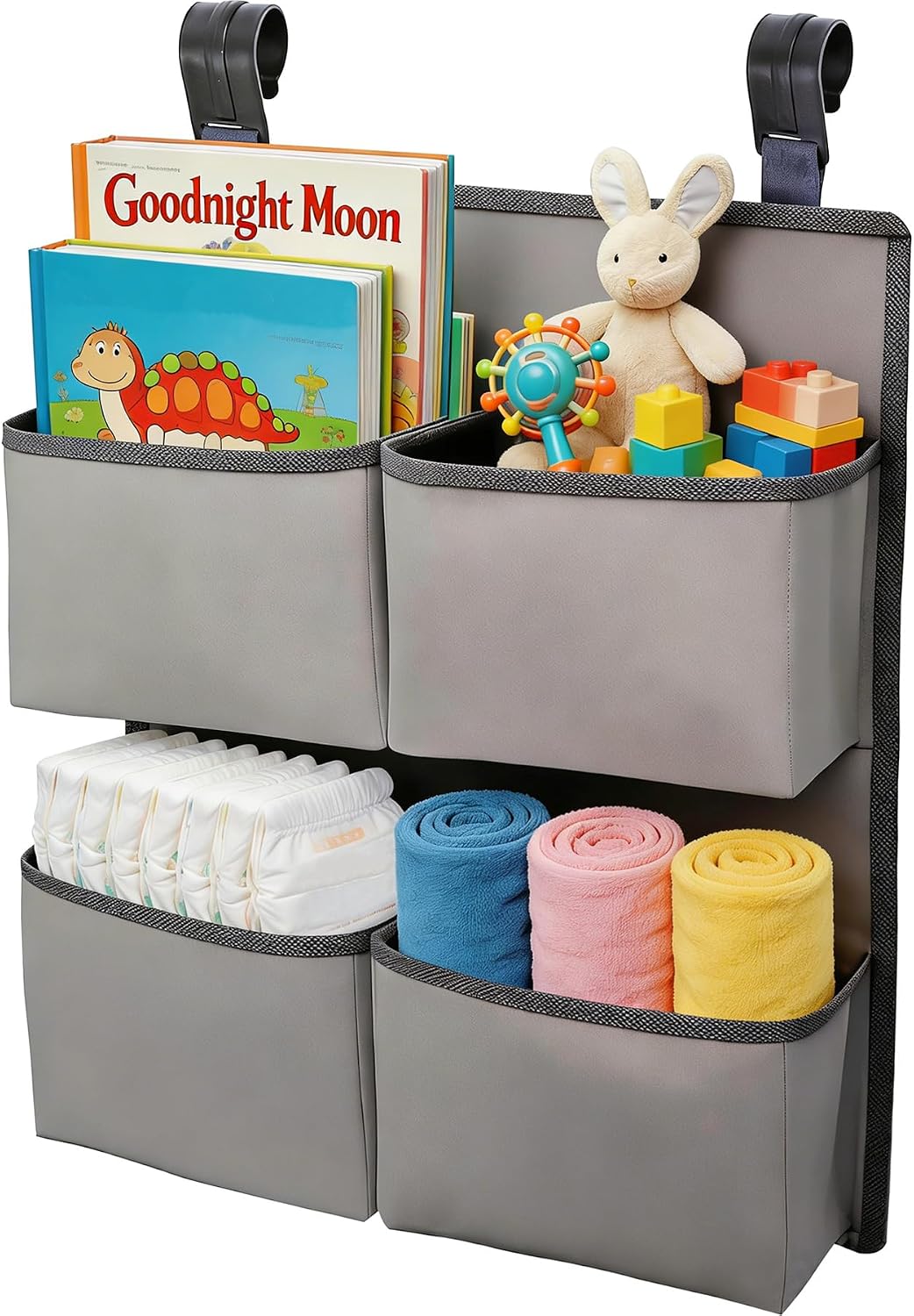 Hanging Diaper Organizer for Crib/Playpen/Bassinet/Playard – Hold 80+ Diapers - 4 Deep Pockets- Changing Table Diaper Holder Bag- Diaper Storage for Newborn Baby Essentials Stacker Caddy, Gray