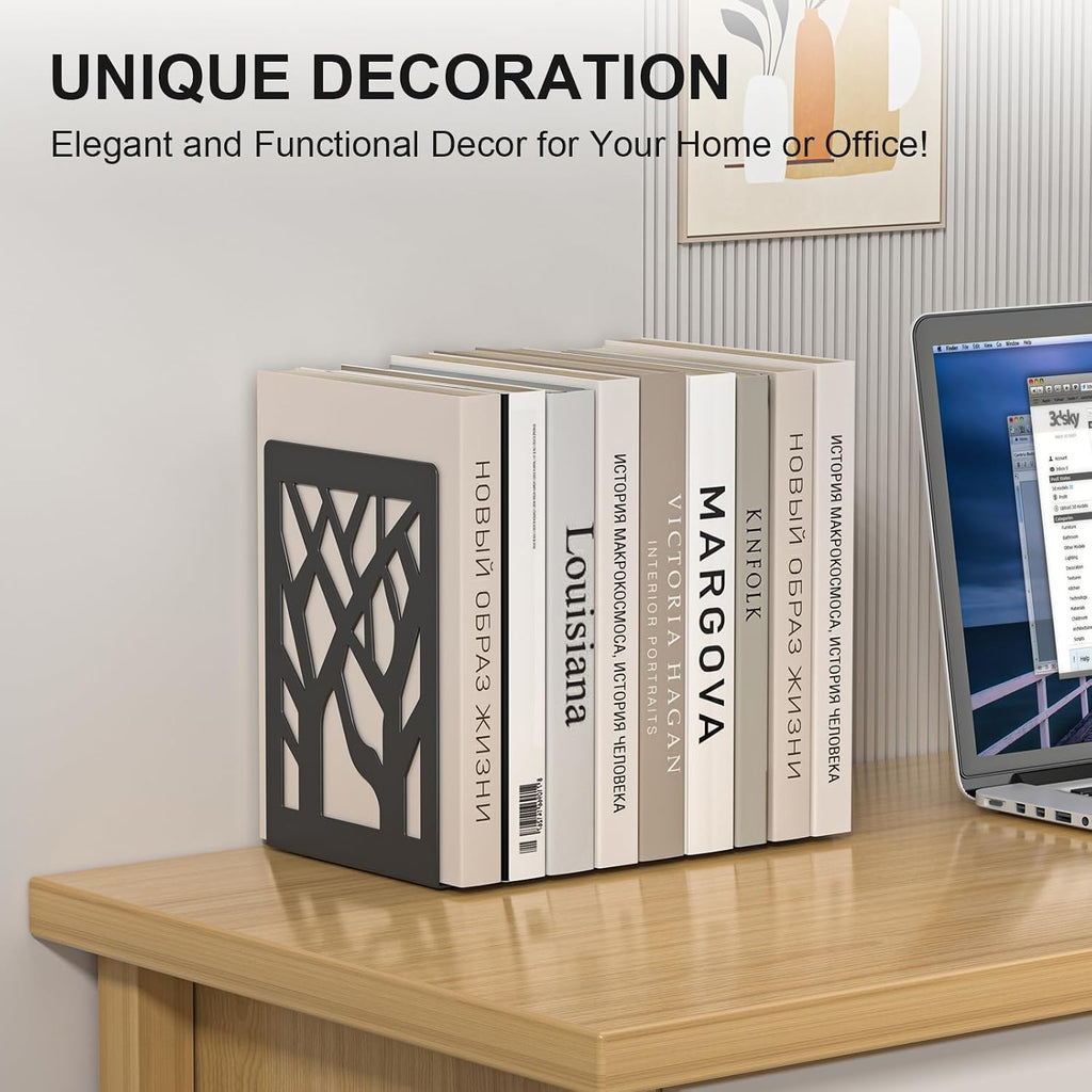 Bookends 8 Pieces, Tree Design Modern Metal Bookends for Shelves, Black Tree Book Ends Decorative Book Organizer for Desk, Decorative Shelve Book Stopper for Home Office