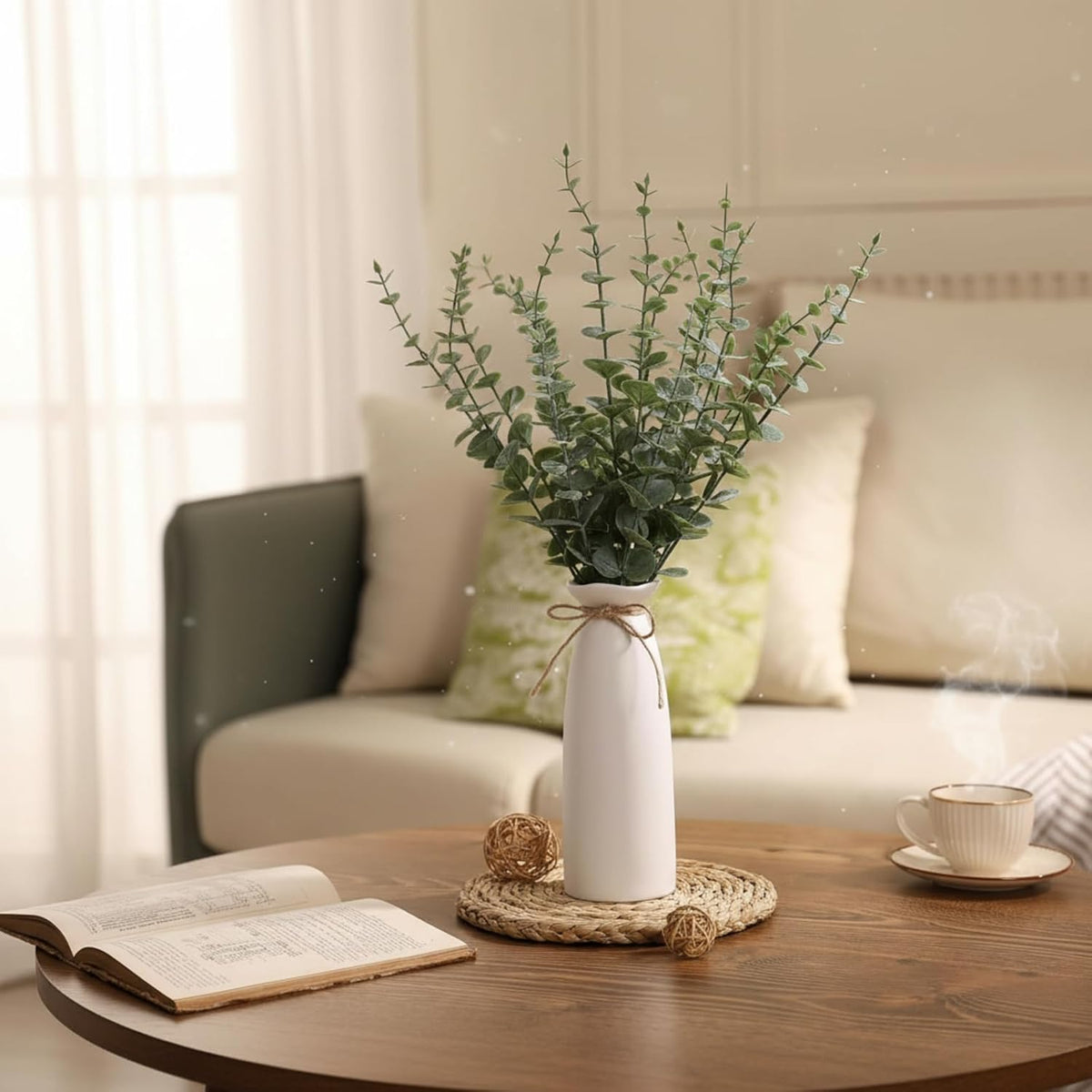 LemonRoad 2 Pack Artificial Eucalyptus Stem in White Ceramic Vase 19" Fake Greenery Plants for Home Decor 40 Pcs Modern Indoor Fake Eucalyptus Stem for Table Centerpiece Living Room Bathroom