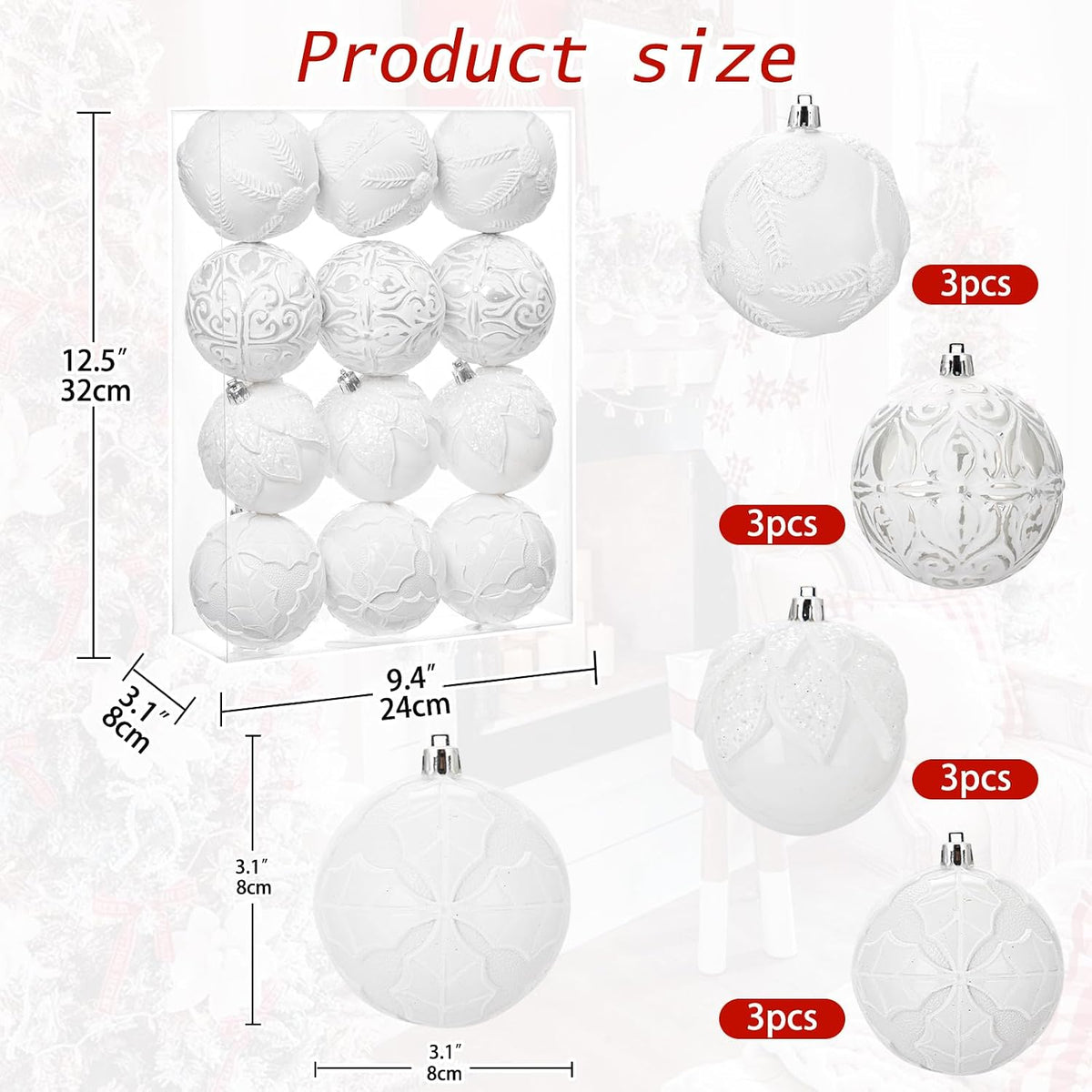 Hollyone 3.15"/80mm White Christmas Ball Ornaments 12 Pcs Shatterproof Christmas Tree Relief Ornaments Set Large Hanging Ornament Balls for Wedding Holiday Wreath Home Decor