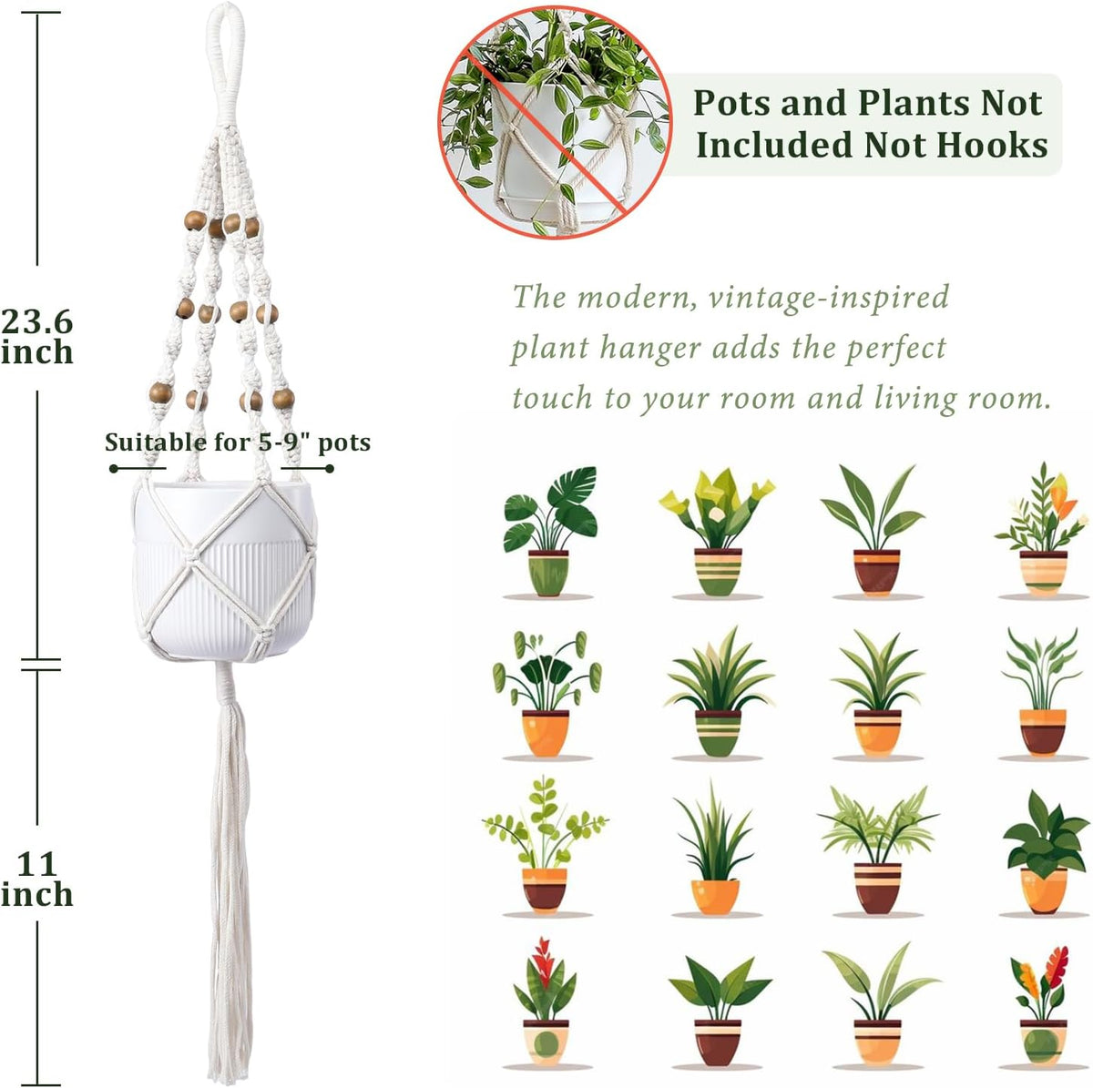 3 Pack Macrame Plant Hangers for 5-9 Inch Pots, Cotton Rope, Wooden Beads
