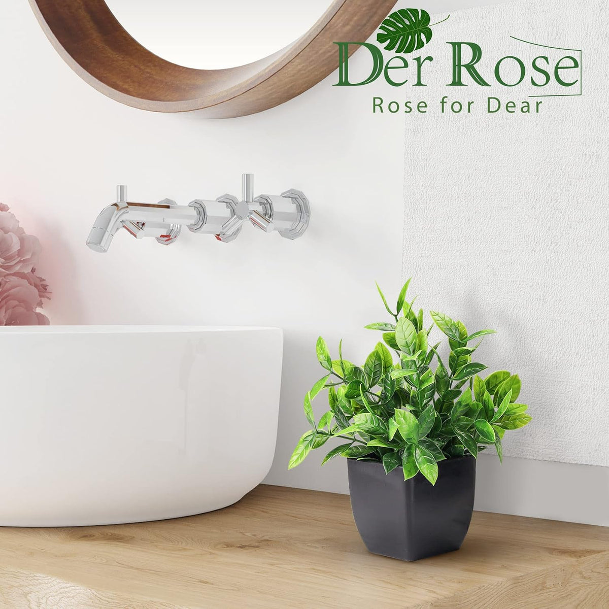 Der Rose 6 Pack Mini Fake Plants in Black Pots, 7" Bathroom & Desk Decor