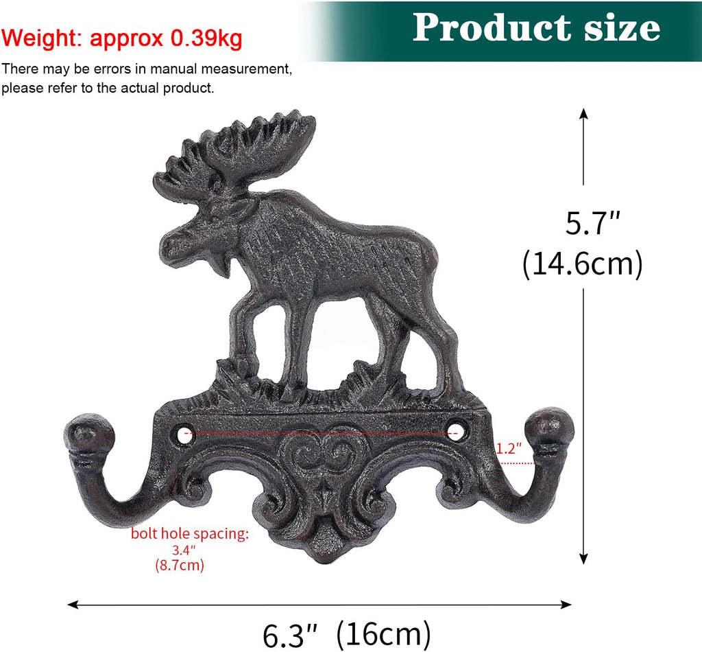 Sungmor Cast Iron Vintage Moose Wall Hooks - Rustic Heavy Duty Double Hooks