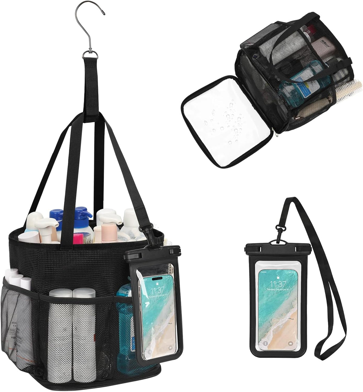 Mesh Shower Caddy Portable for College Dorm Room Essentials, Hanging Shower Caddy with Waterproof Phone Pouch, Large Capacity Shower Bag Basket Tote for Bathroom, Gym, Camping, Swimming, Beach, Black