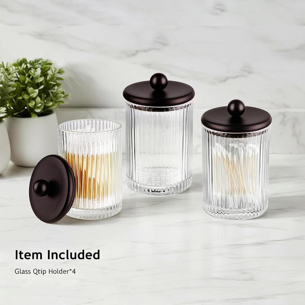 SheeChung 1 Pack Bronze Ribbe Glass Qtip Holder with Metal Lids