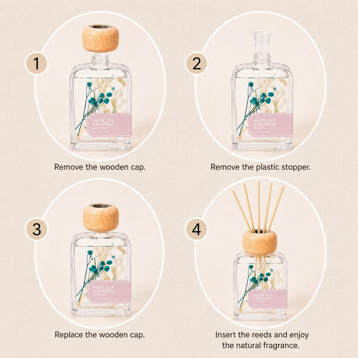 Bamboo White Tea Reed Diffuser, 3.4fl oz Reed Diffuser for Home