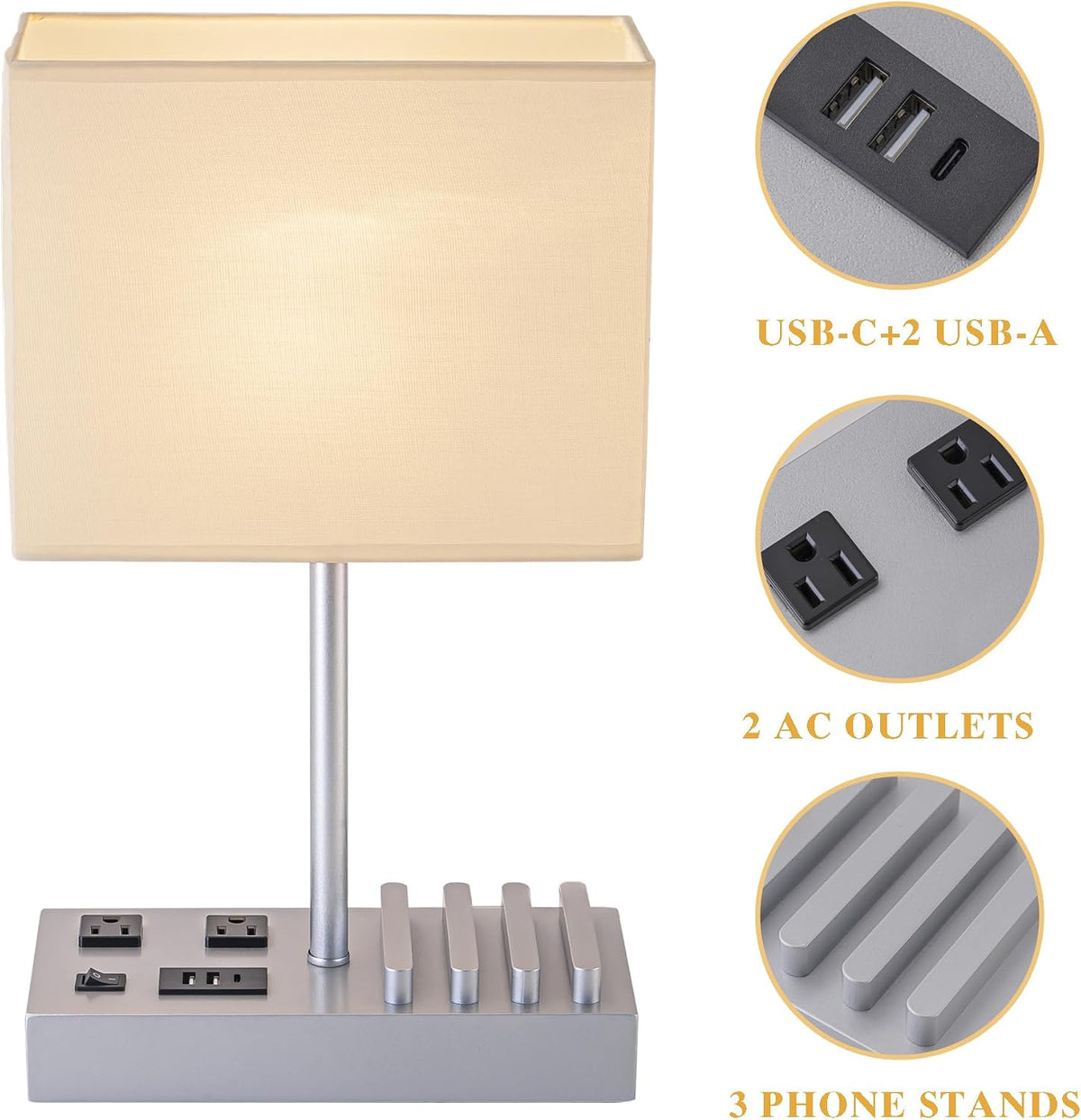 Multi-Functional Table Lamp with 3 USB Charging Ports & 2 AC Outlet, Silver