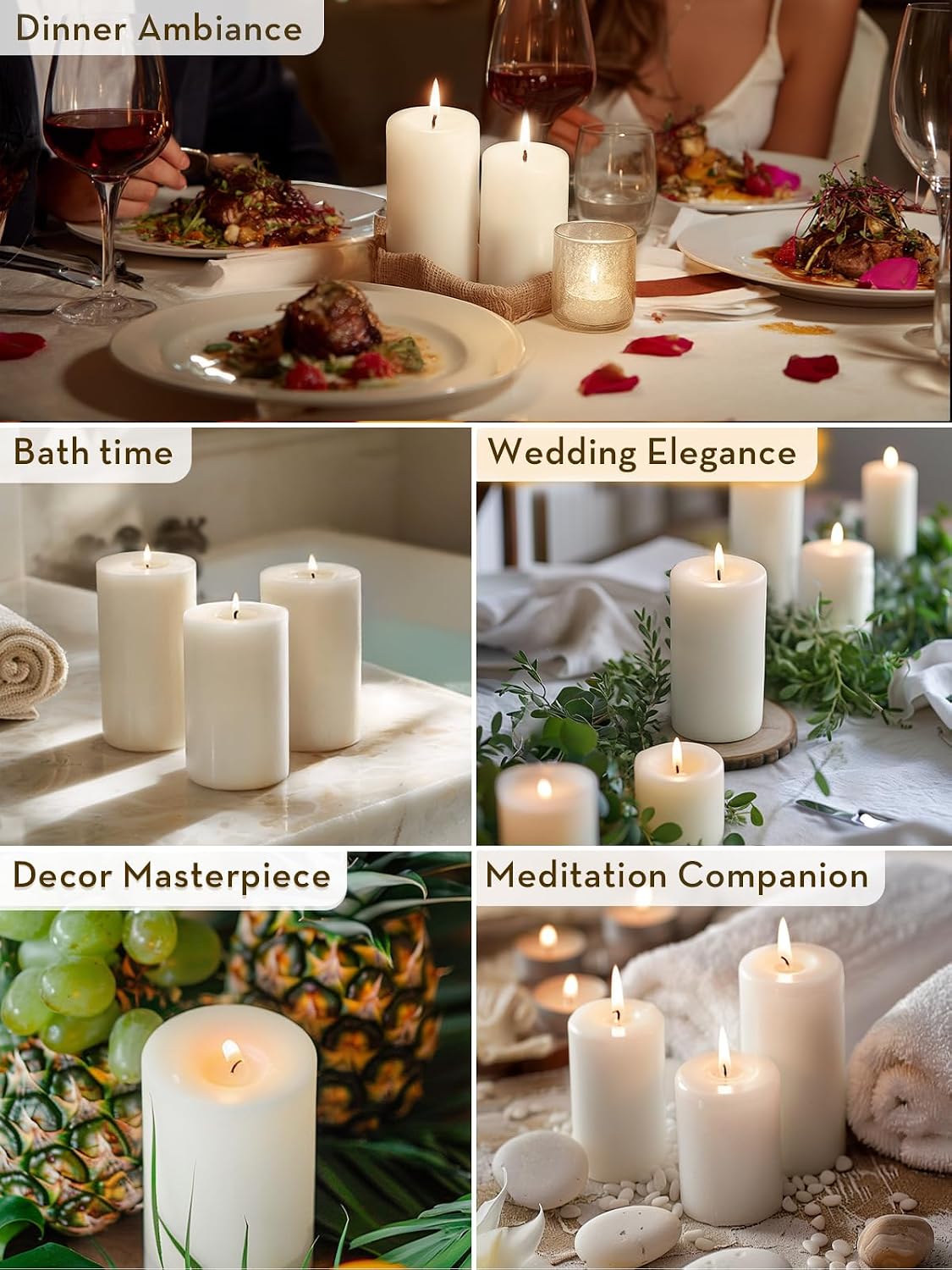 Ashlux 3x6 Inch White Pillar Candles, Set of 3 Wax, 70 Hours Long Burning, Unscented and Dripless Pillar Candles Bulk for Christmas Lights, Wedding, Parties, Spas, Home Decorative