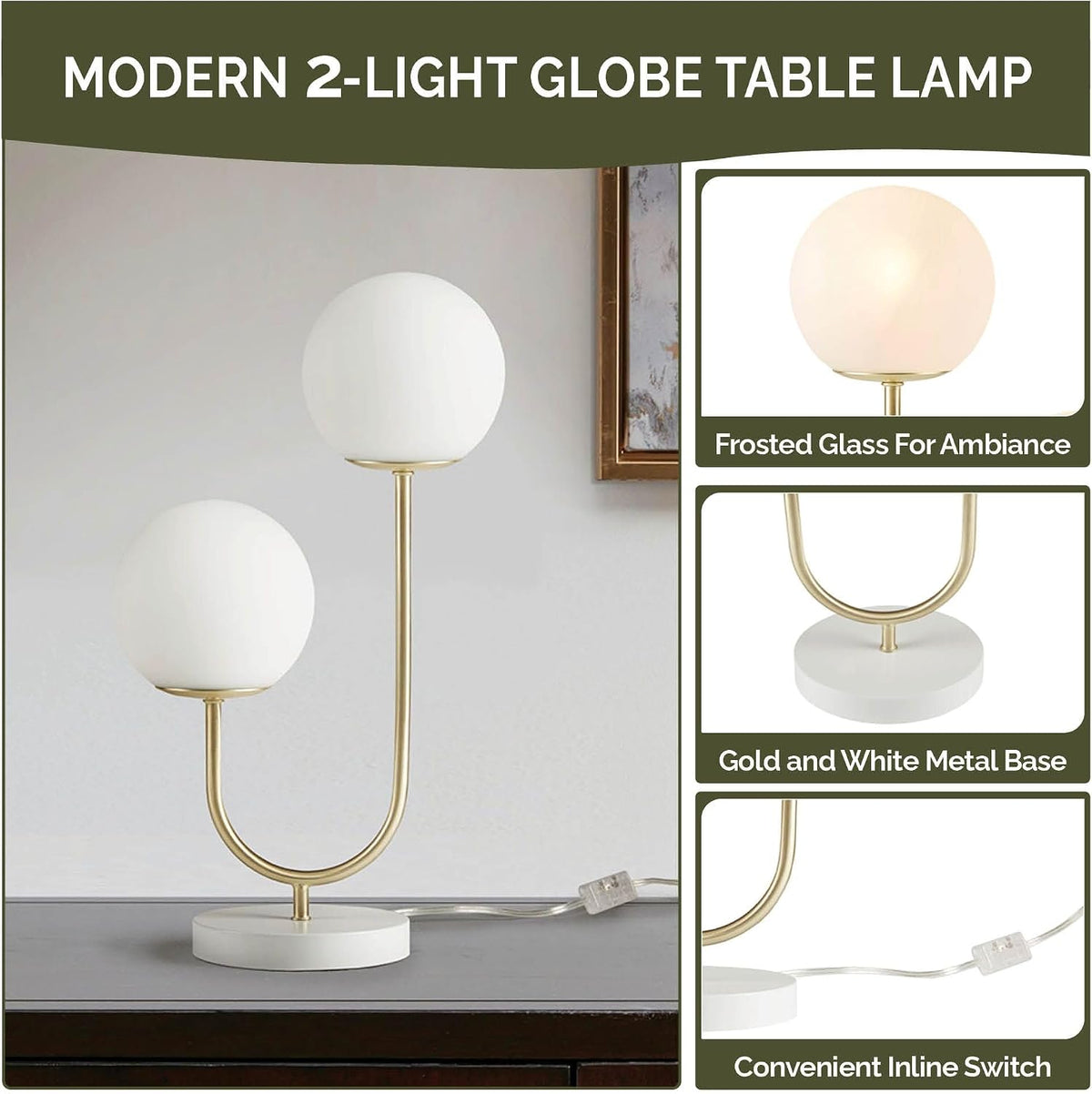 510 DESIGN Table Lamp for Bedroom - Metal Gold Nightstand Lamp, Frosted Glass Globes Modern Bedside Lamp w/White Base, Clear Polarized Cord & in Line Switch, Accent Lamp Decor, 20" H Gold/White