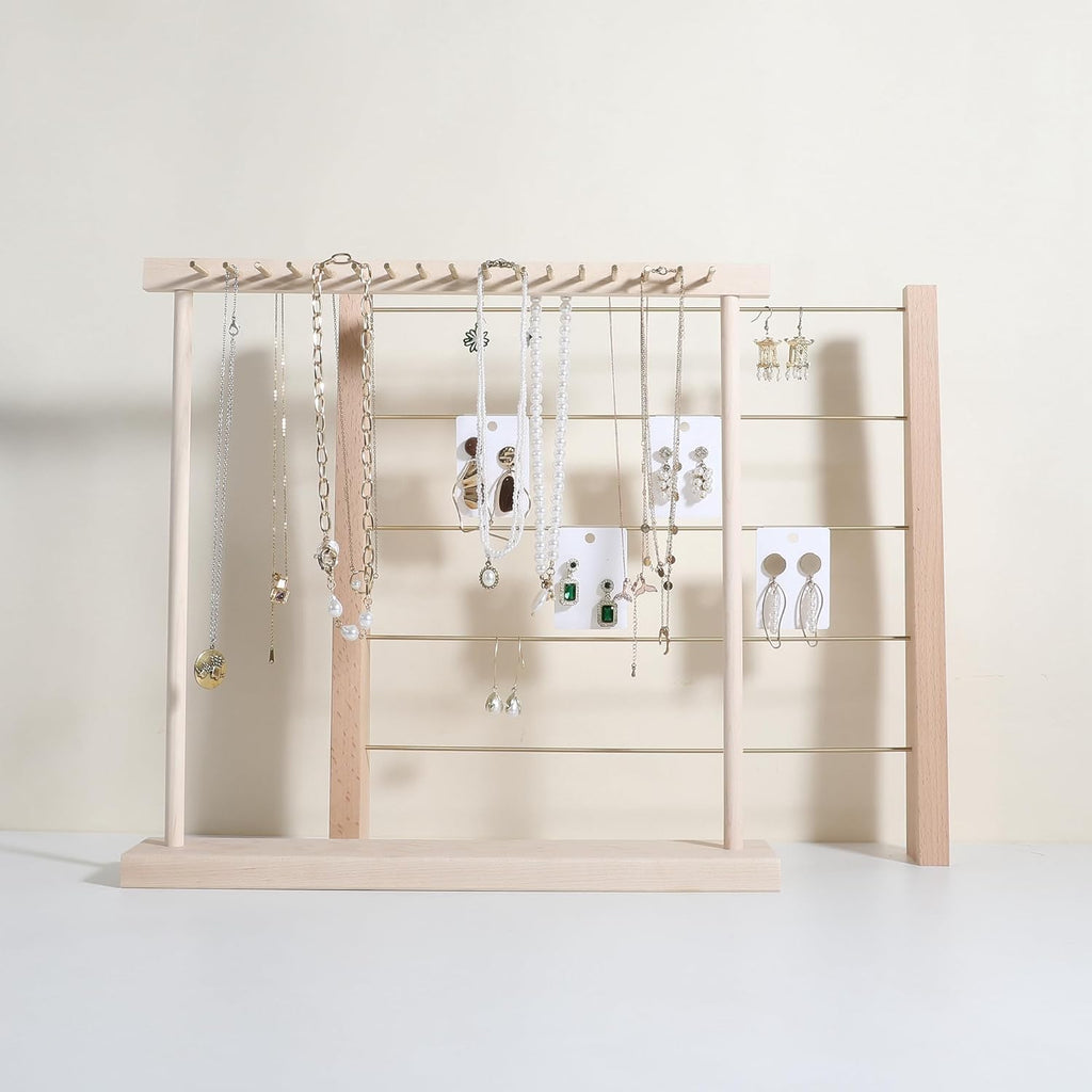Large necklace hanger shelf with 17 copper bars, Wooden jewelry storage organizer rack for hanger necklace bracelet, necklace display stand for boutique store【Marple】