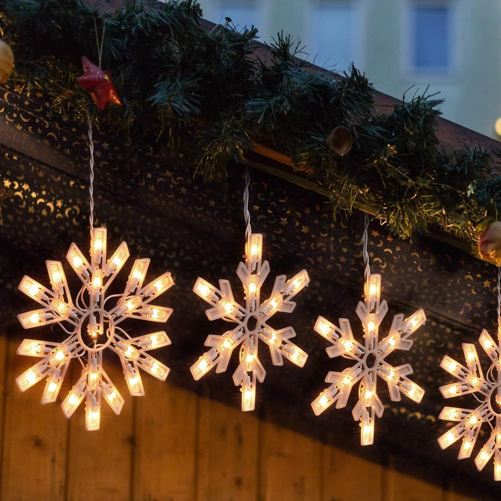 Minetom Snowflake Christmas String Lights with 9 Drops - 13ft 150 Mini Bulb Icicle Lights with Clips, Plug-in Connectable Hanging Lights for Front Porch House Tree Pation Decor