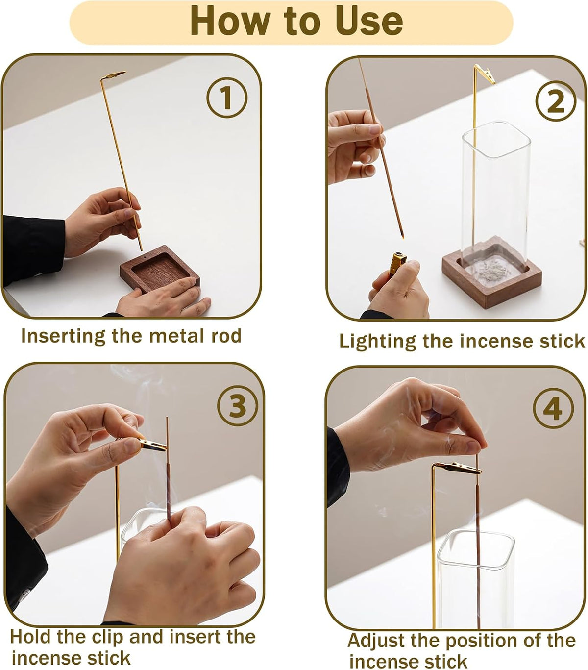 Ceremony Incense Holder, Wooden Incense Burner with Glass Ash Catcher (Transprent Square, One Glass)