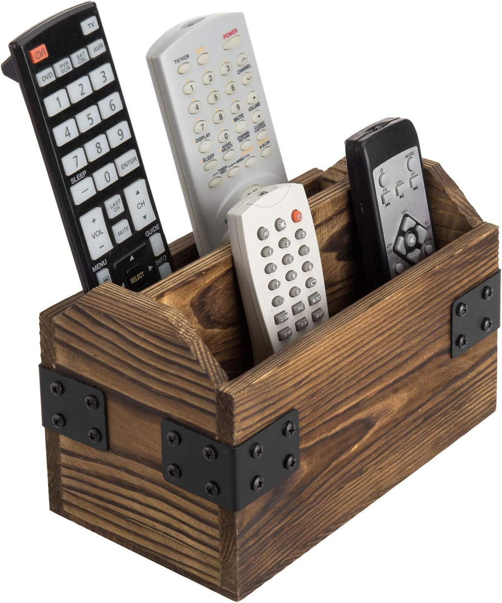 MyGift Rustic Burnt Wood TV Remote Holder with Black Metal Accents