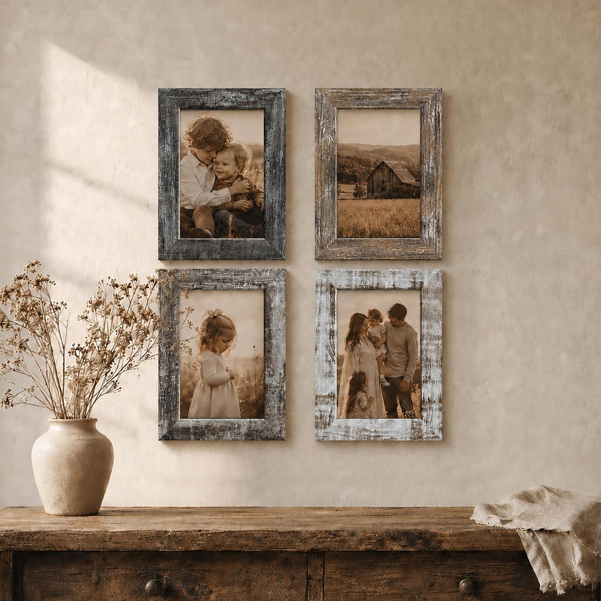 4x6 Picture Frames Set of 4, Vintage Rustic Style, HD Real Glass