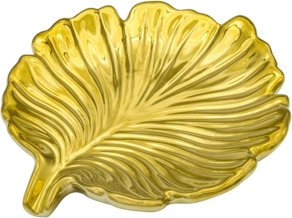 Gold Leaf Bathroom Soap Dish,Ceramic Soap Dish Holder in Palm Leaf Style,Self Draining Design and Used to Hold Various Small Bathroom and Kitchen Accessories