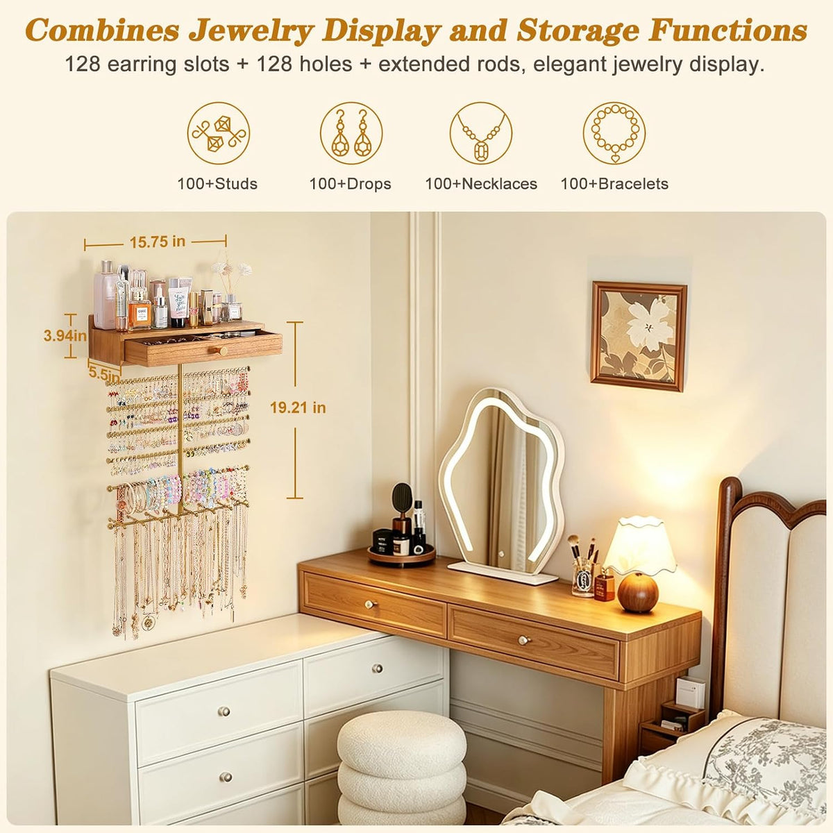 VINAEMO Hanging Wall Mounted Jewelry Organizer with Drawer, Honey Brown