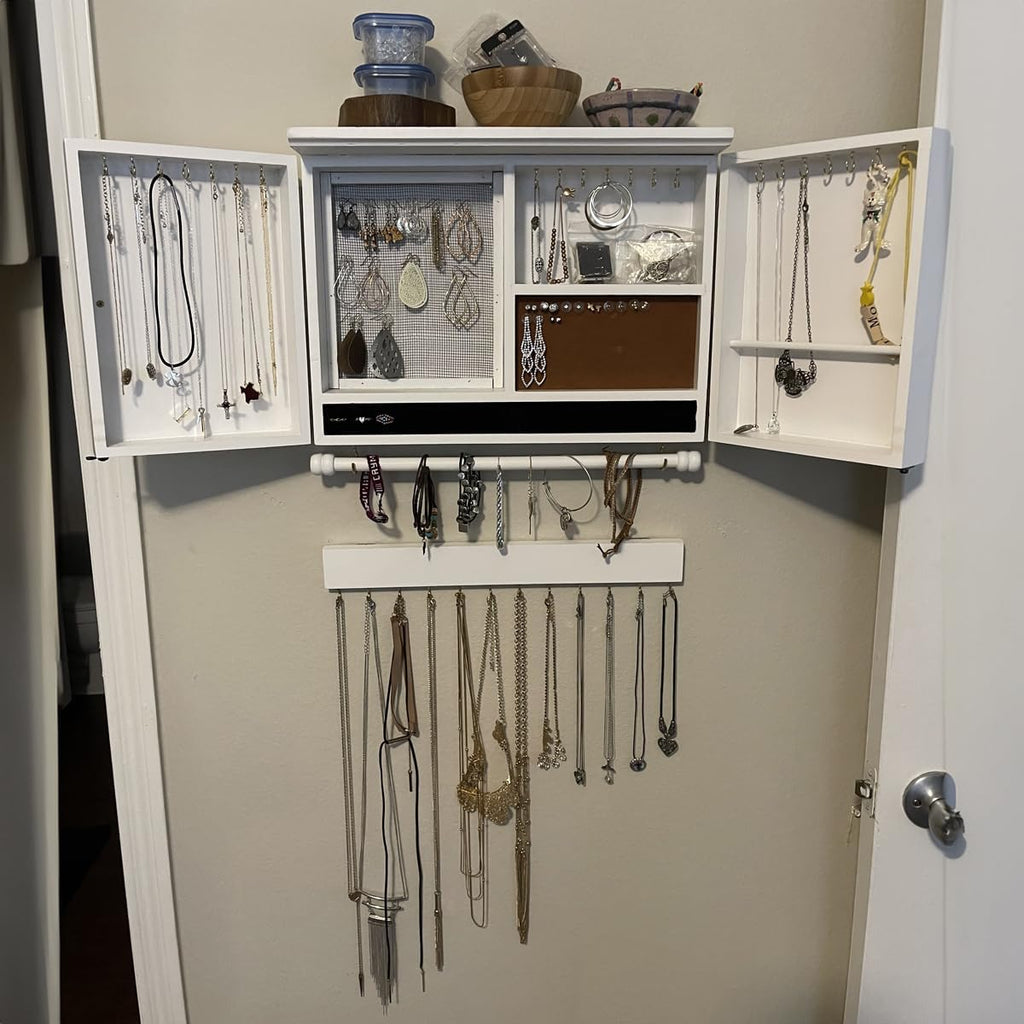 Rustic Wall Mounted Jewelry Organizer,Vintage Wooden Hanging Jewelry Holder Box with Barndoor Decor for Necklaces, Earings, Bracelets, Rings, Accessories. Includes Hook Organizer