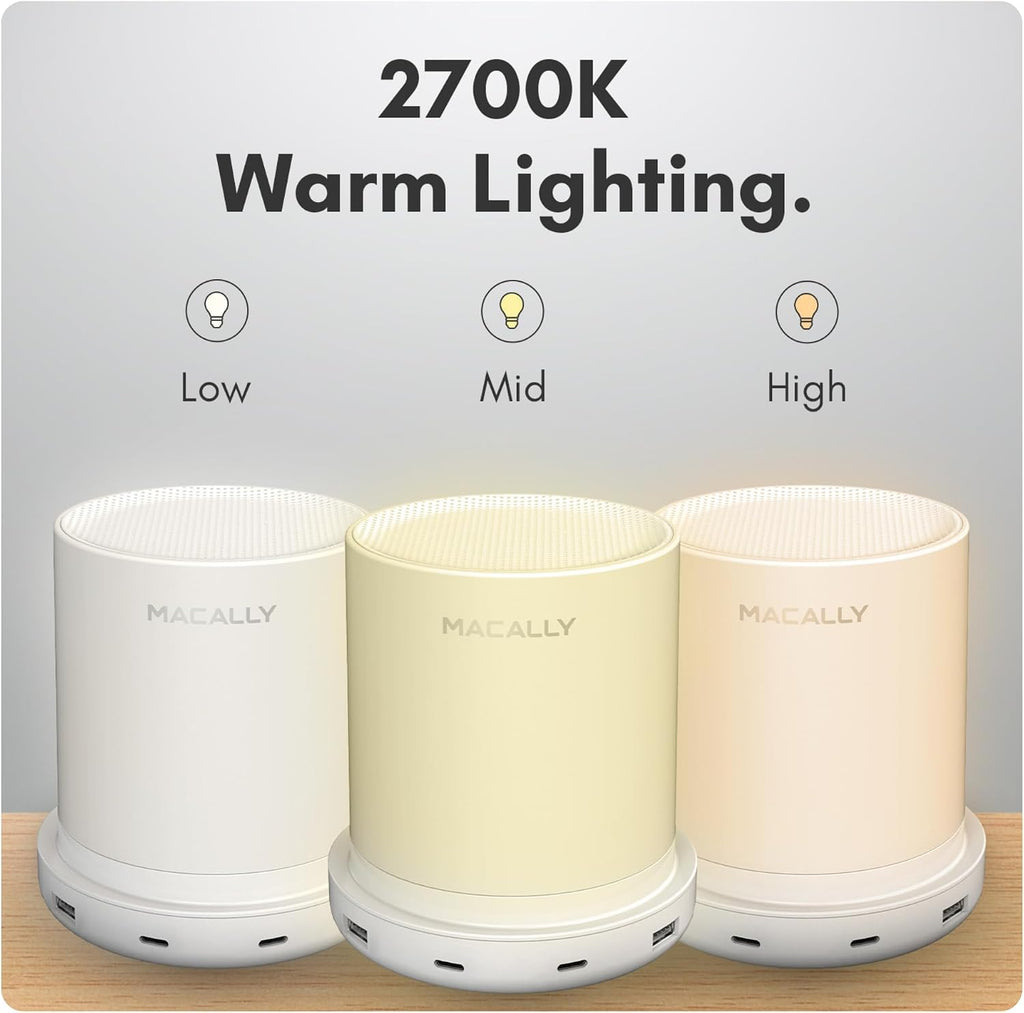 Macally Small Bedside Lamp with USB Ports (USB C + A) - Fast Charging Bedside Light and 3 Way Dimmable Touch Lamp for Nightstands - Great as a Night Light and Charger for Bedrooms