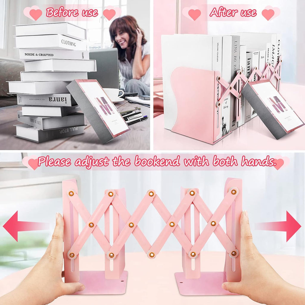 Non Skid Book Ends to Hold Books, Carooyac Heavy Duty Bookends Adjustable Book End, Metal Bookends for Shelves, Pink Book Holders Organizer for Bookshelf Desk - Extends up to 19"