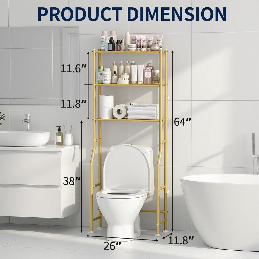 Livilord 3-Tier Over The Toilet Storage Rack, Space Saver Metal Bathroom Shelves, Freestanding Over Toilet Bathroom Organizer for Bathroom/Living Room (Gold)