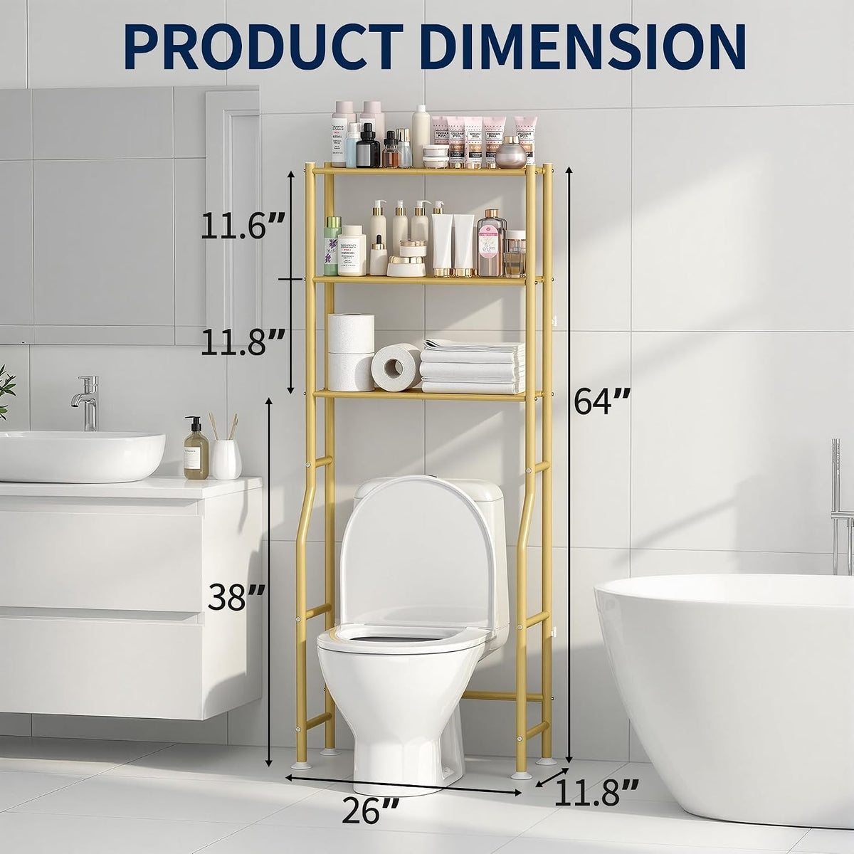 Livilord 3-Tier Over The Toilet Storage Rack, Space Saver Metal Bathroom Shelves, Freestanding Over Toilet Bathroom Organizer for Bathroom/Living Room (Gold)