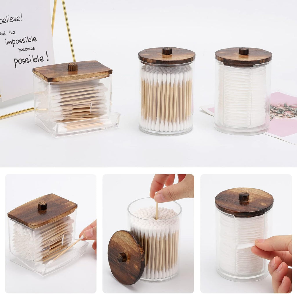 Tbestmax 4 Pack Qtip Holder Dispenser, 10/7oz Bathroom Container for Cotton Ball Cotton Swabs Pads, Apothecary Jar with Wood Lids for Organizer and Storage (Brown)