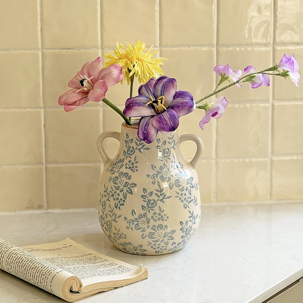 Blue and White Chinoiserie Ceramic Vase Vintage Flower Vase, 8.1in