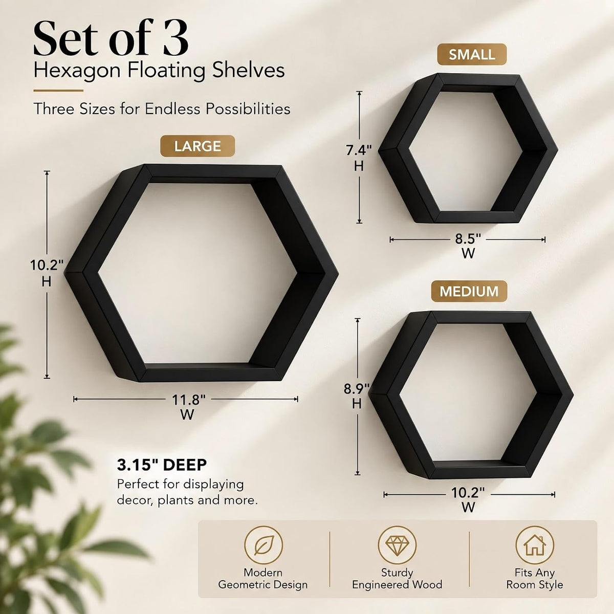 AHDECOR Wall Mounted Hexagon Floating Shelves, Wooden Wall Organizer Hanging Shelf for Home Decor, Set of 3, Black