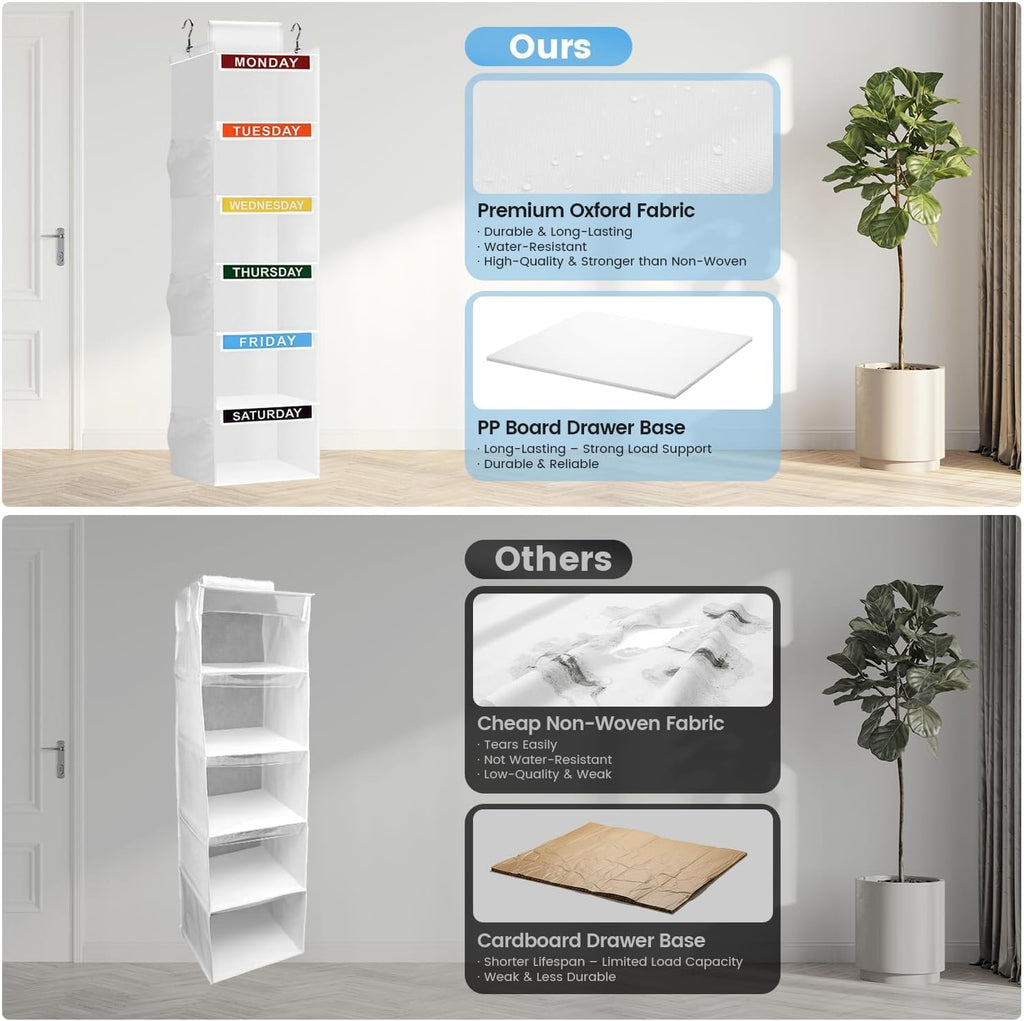 Weekly Clothes Organizer for Kids, 6-Shelf Kid Hanging Closet Organizer w/ 6 Side Pockets, Labeled Weekly Outfit Organizer for Kids, Days of The Week Clothes Organizer Monday Through Friday White