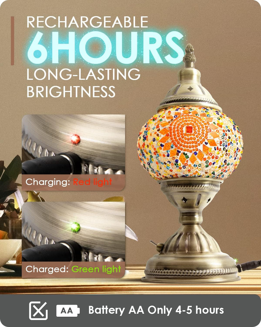 Yarra-Decor Turkish Moroccan Lamp with Bronze Base Handmade Tiffany Mosaic Glass Lamps Portable Bedside Lamps with Rechargeable Battery 2000mAh (LED Bulb Included) (Orange1)